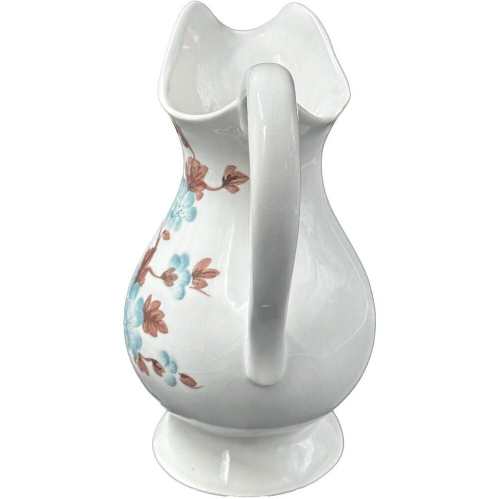 Large Blue and Brown Ceramic Floral Pitcher made in Italy 11.25" Tall - Picture 2 of 6